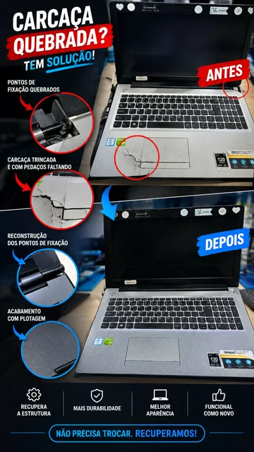 Detalhe de pontos de fixação durante reparo de carcaça de notebook