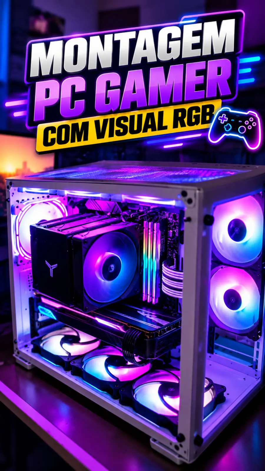 Capa de uma montagem de PC gamer com iluminação RGB
