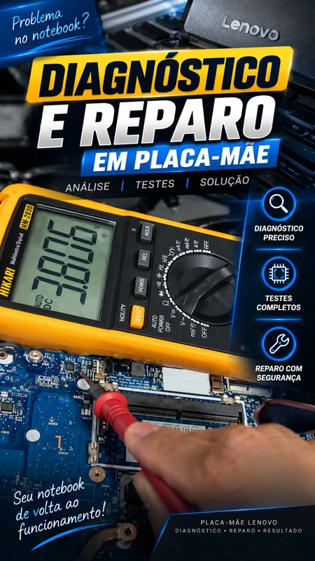 Capa sobre diagnóstico e reparo em placa-mãe com multímetro