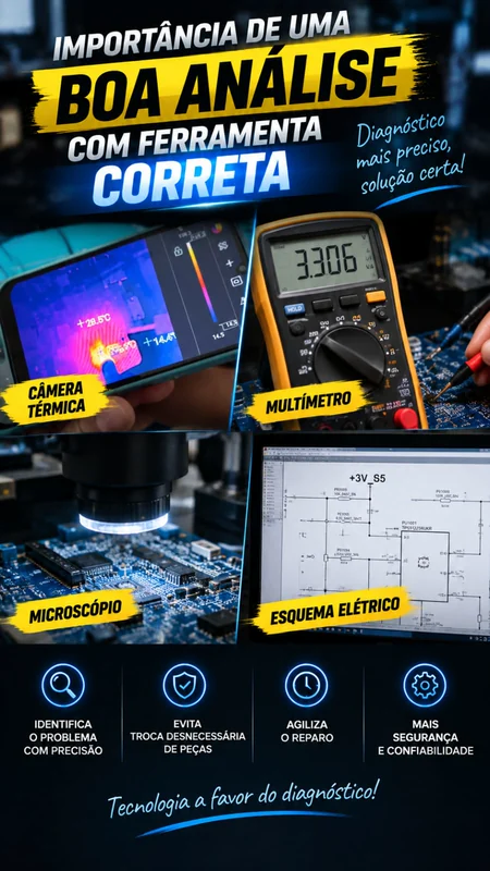 Capa sobre análise de placa-mãe com câmera térmica, multímetro, microscópio e esquema elétrico