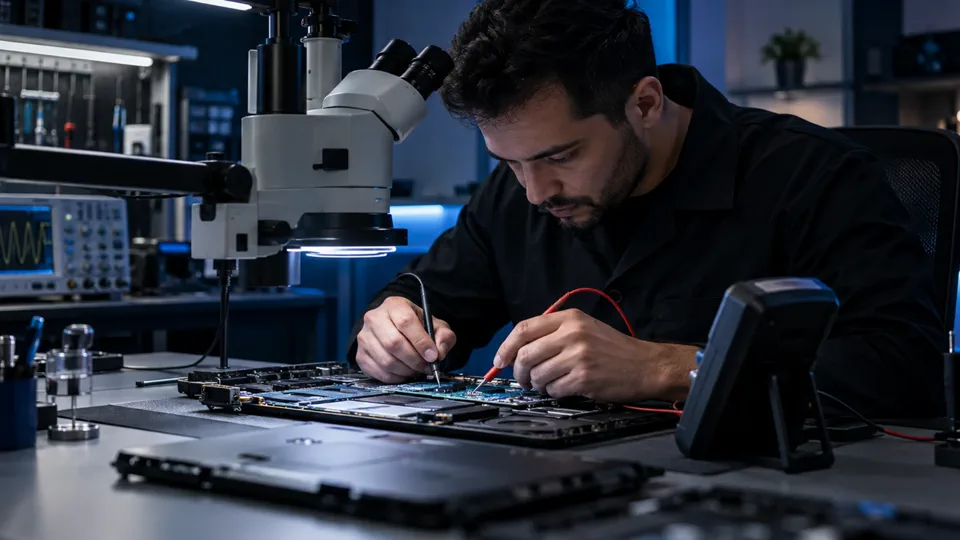 Diagnóstico de placa eletrônica com microscópio