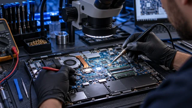 Placa-mãe de notebook em bancada de eletrônica
