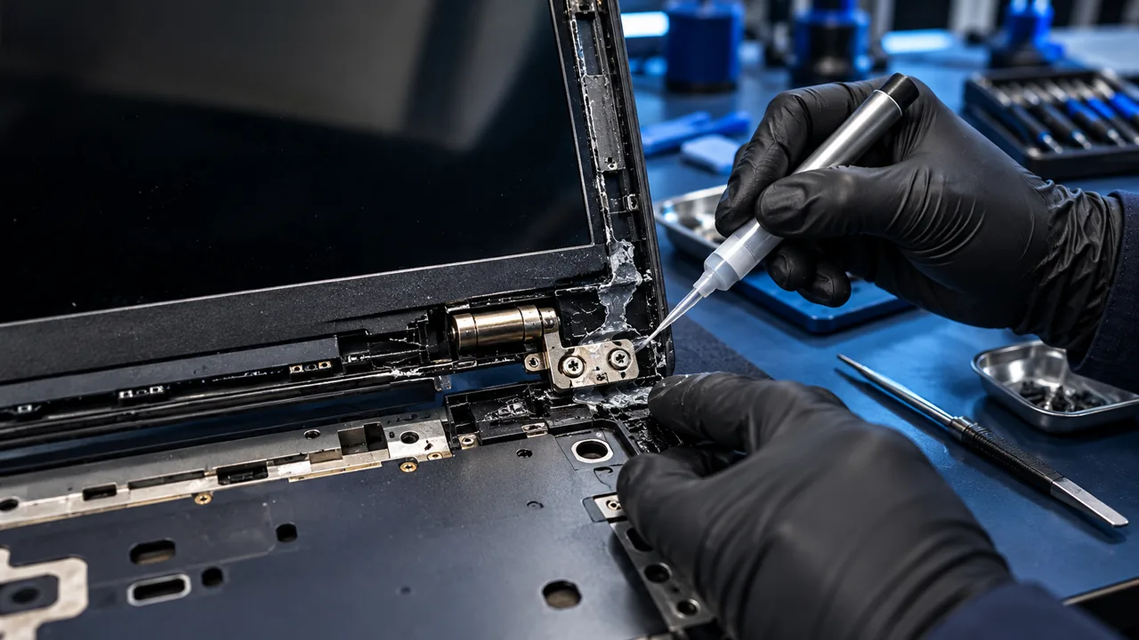 Técnico reforçando a estrutura e a dobradiça de um notebook