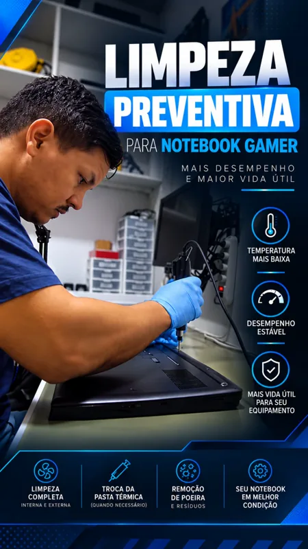 Técnico realizando limpeza preventiva em notebook gamer