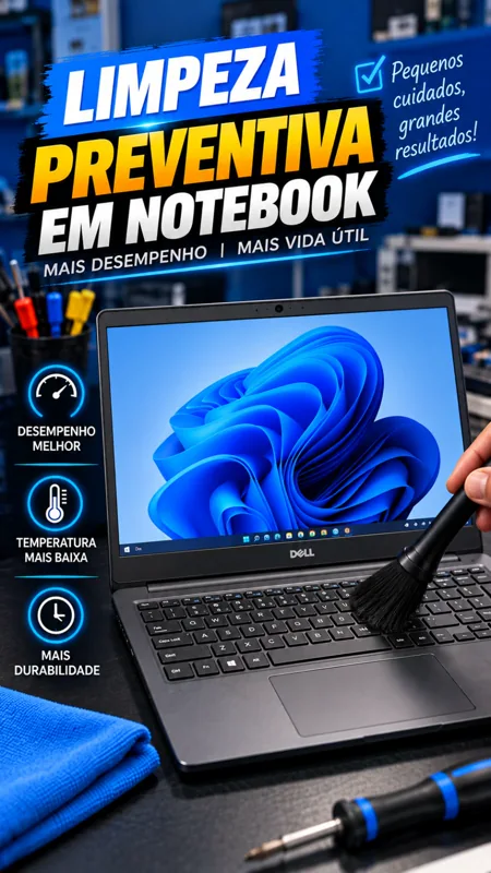 Notebook em bancada durante limpeza preventiva