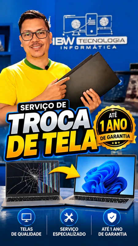 Técnico apresentando o serviço de troca de tela de notebook