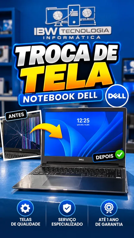 Notebook Dell antes e depois da troca de tela