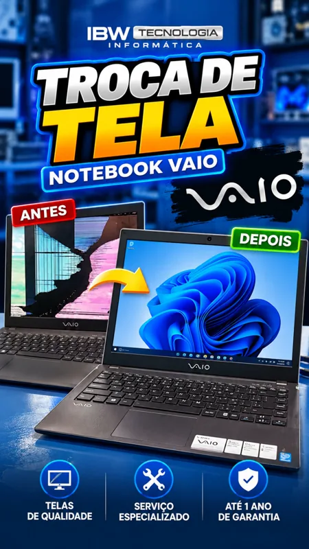 Notebook Vaio antes e depois da troca de tela