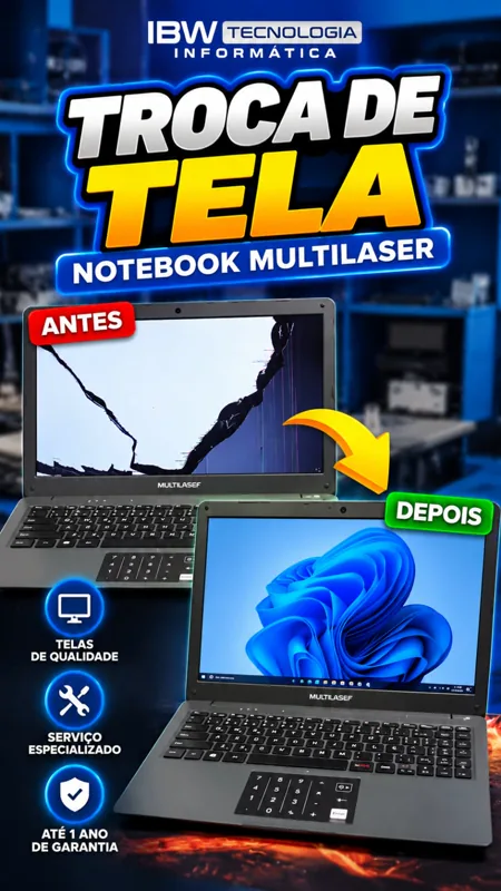 Notebook Multilaser antes e depois da troca de tela
