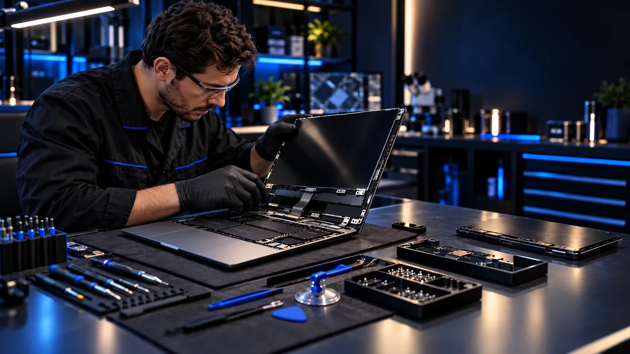 Notebook em bancada técnica para avaliação da tela e da estrutura